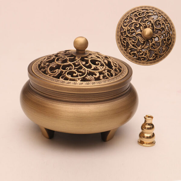 Brûleur d'encens classique Antique à trois pieds en cuivre pur, brûleur d'encens décoratif d'intérieur en bois de santal Zen 8
