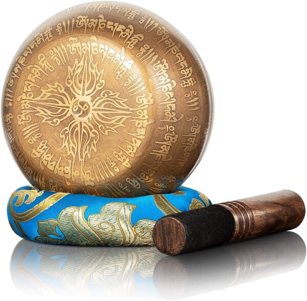 Bols chantants faits à la main de 12cm de diamètre avec bâton en cuir 4 bols sonores de méditation de conception de bouddha 2